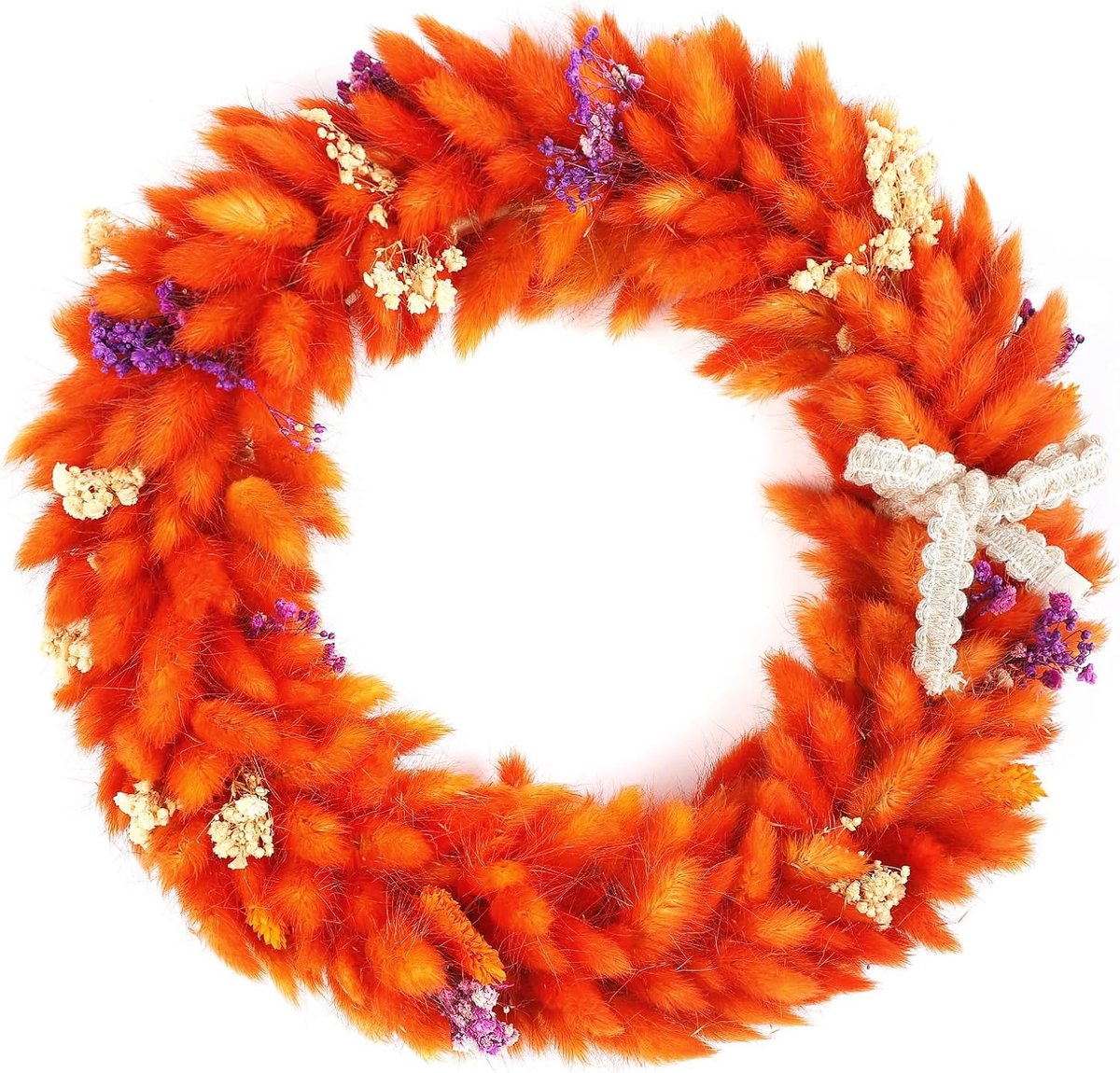 Gedroogde bloemen, gras, konijnenstaart, herfstkrans voor de decoratie van deuren, entrees, herfstdecoratie