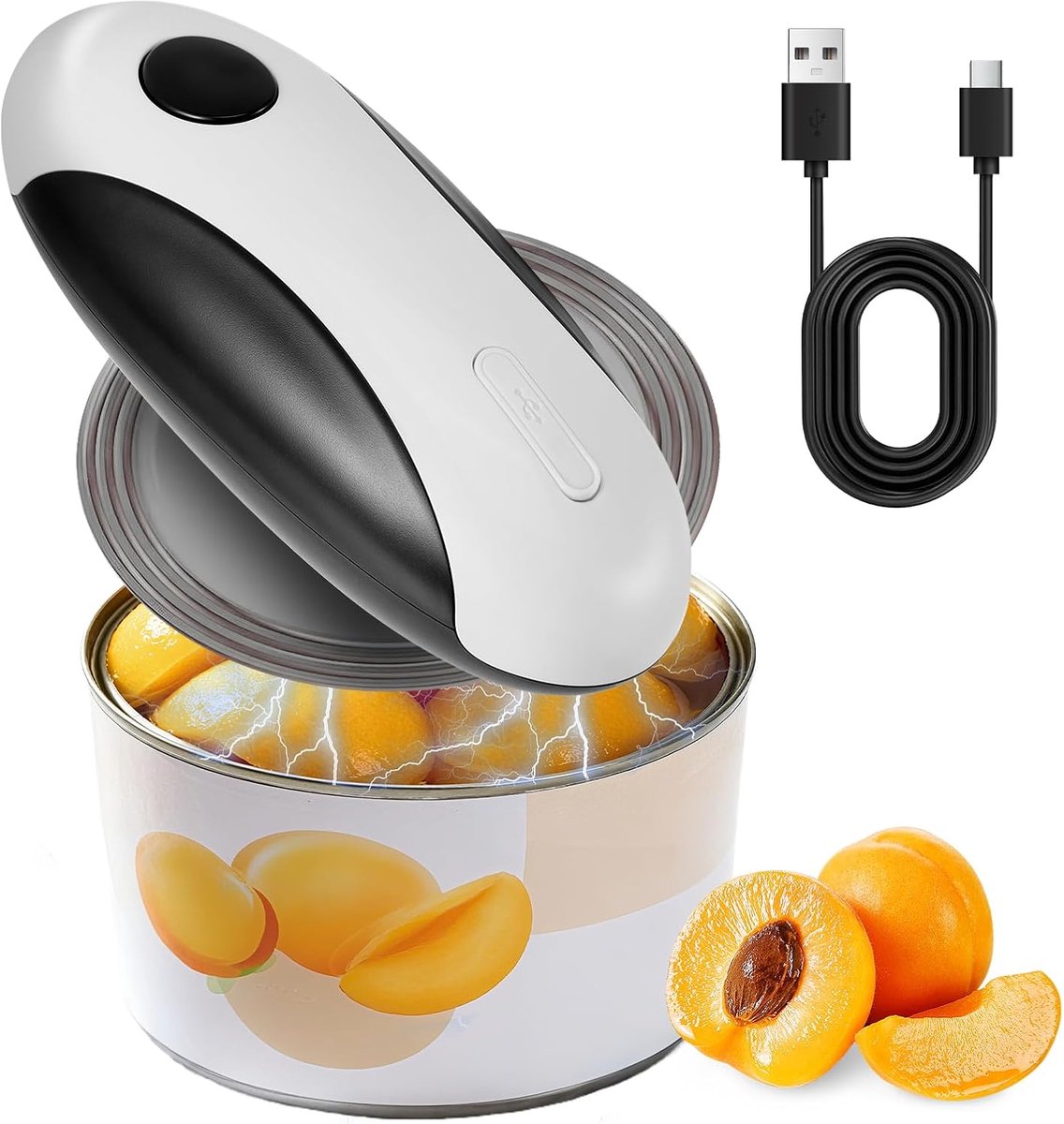 blikopener, USB-oplaadbaar, werkt op batterijen, automatische bediening met één knop, magnetische dekselhouder en gladde snit, geschikt voor levensmiddelen