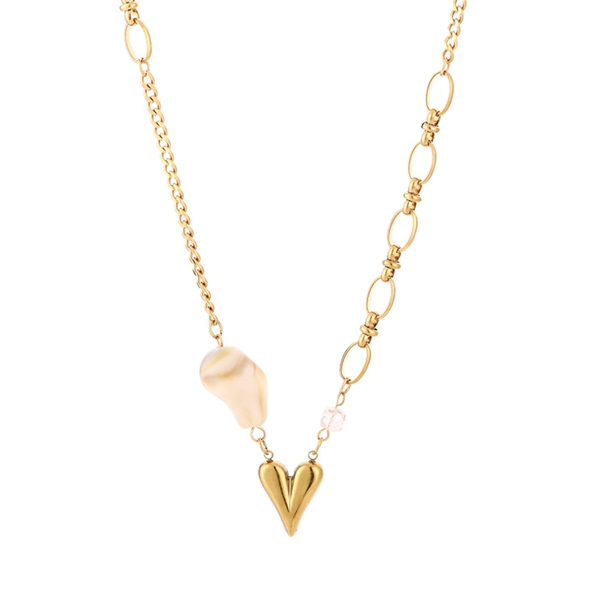 Handmade Artisanal Heart & Natural Stone Asymmetrical Necklace – Luxe Hartje Ketting Handmade – RVS - Beige