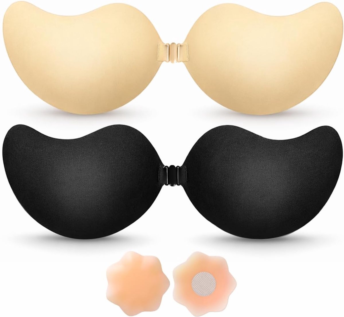 Zelfklevende beha push-up – onzichtbare strapless beha, rugvrij, set van 2 siliconen plakbeha's met clip, zwart en beige sticky beha, cup A-D