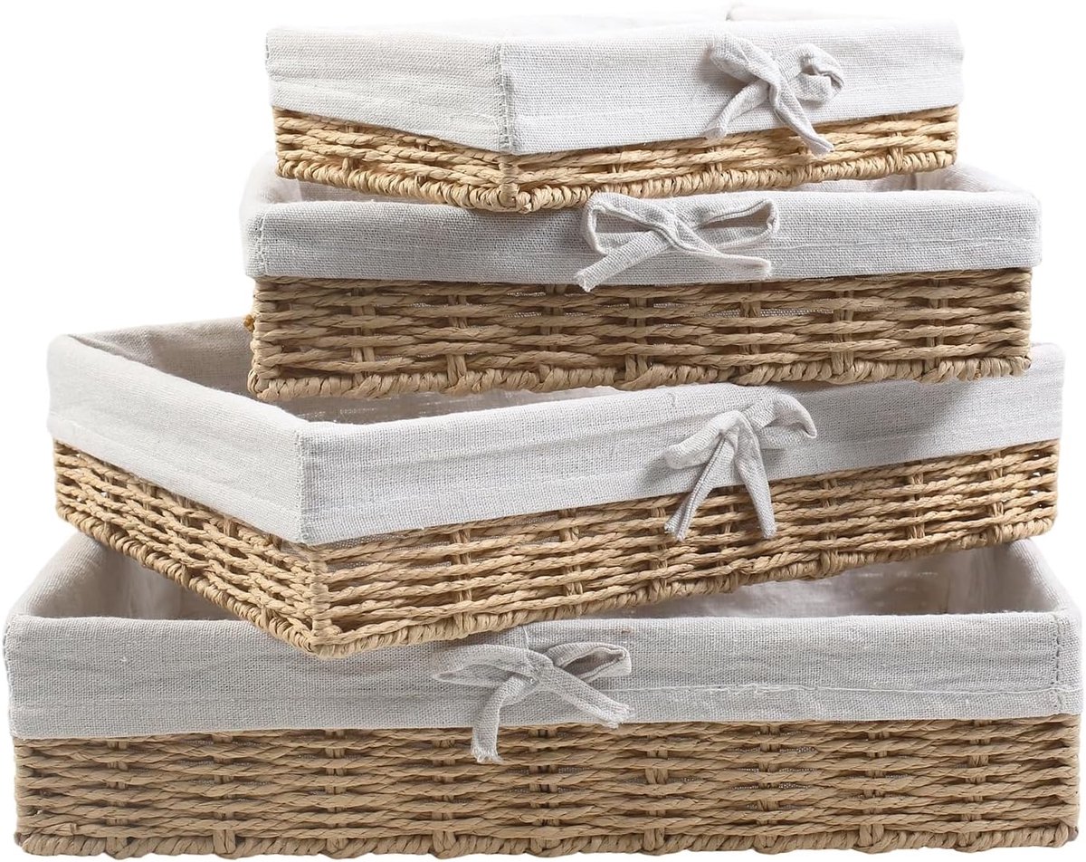 Set van 4 gevlochten broodmanden, 25/30/35/40 cm, met katoenen inzetstuk, natuurlijk handgeweven, met broodmand, gevlochten broodmand, gevlochten opbergmand, broodmand