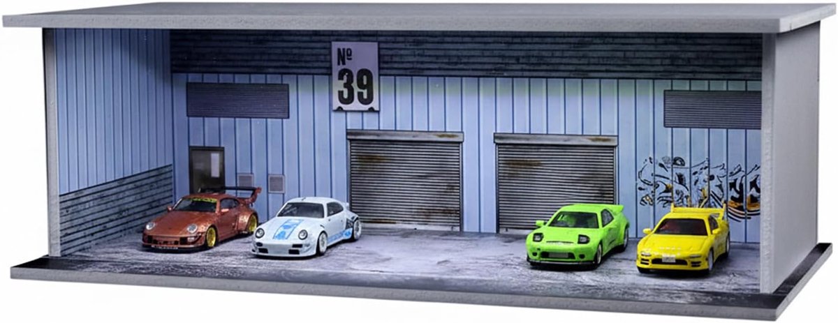 1:64 modelauto stand met LED-verlichting en stofkap – PVC Diorama Park garage, Warehouse No.39 ontwerp - stapelbaar en aansluitbaar, opslag voor hete wielen, luciferdoosje