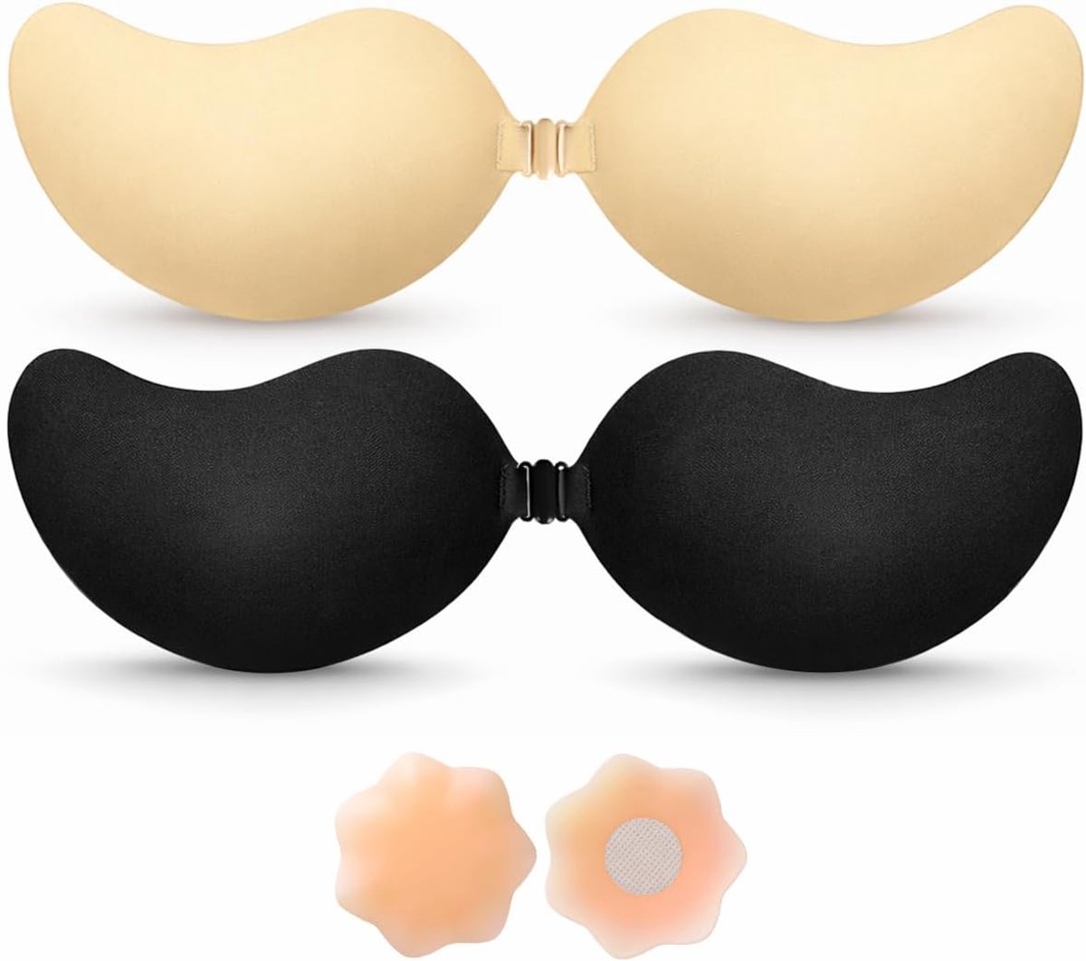 Zelfklevende beha push-up – onzichtbare strapless beha, rugvrij, set van 2 siliconen plakbeha's met clip, zwart en beige sticky beha, cup A-D