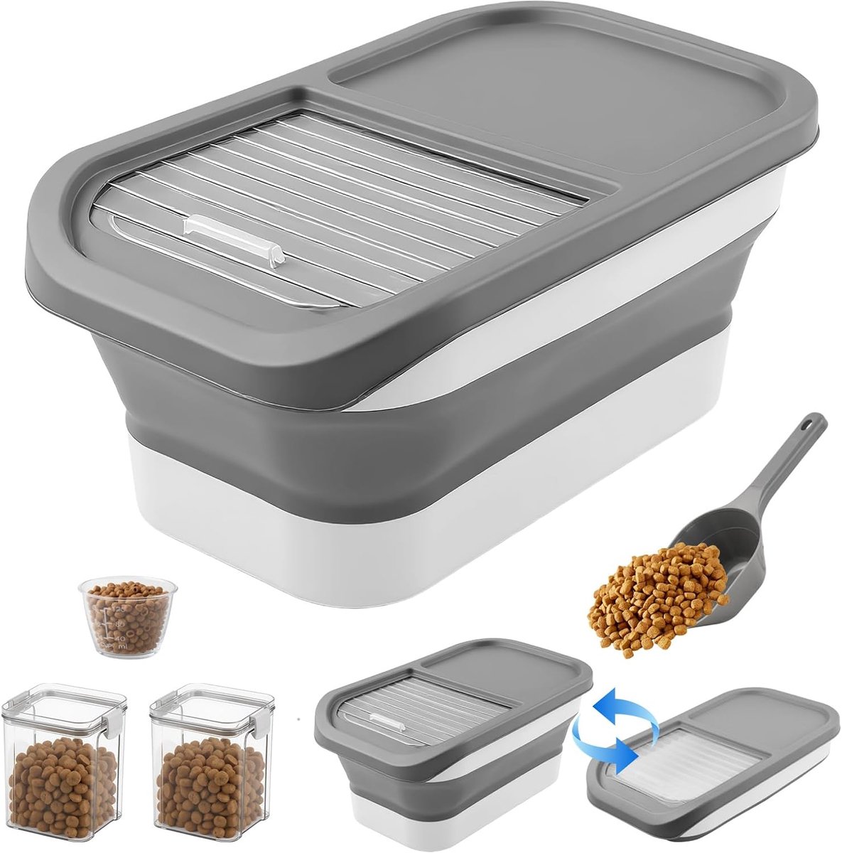 Droogvoer voor honden en katten, 5-10 kg, inklapbare kroketten met maatbeker, schep, 2 containers, container voor huisdieren, voederbak voor honden, katten, huisdieren, voederbox (grijs)
