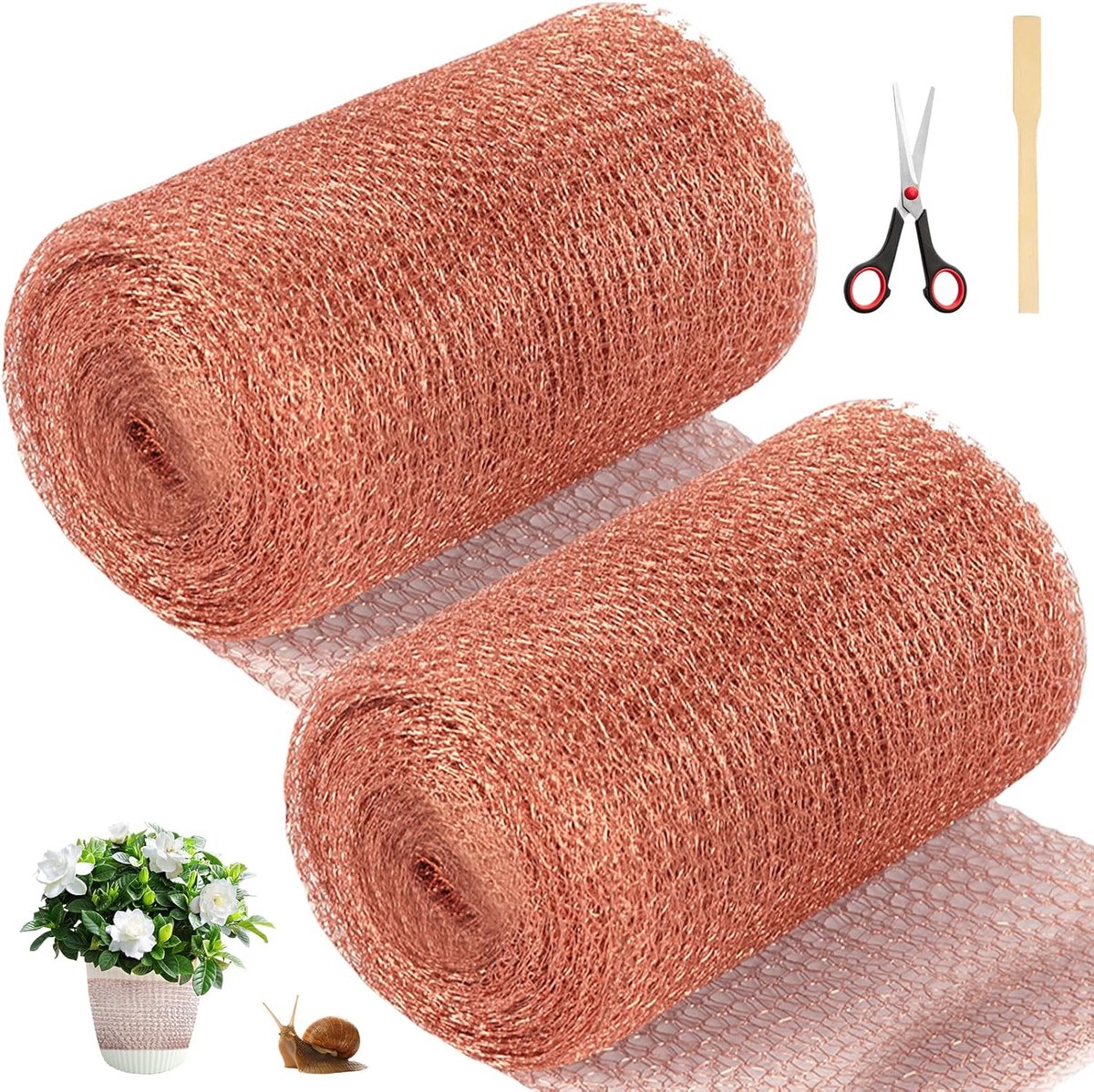 2 rollen 12 m x 12,7 cm kopernet: zuiver koperen vlechtwerk met schaar, snijbare koperen band tegen slakken, slakkenhek, zuiver koperen vlechtwerk voor tuin, ongediertebestrijding en afweer van