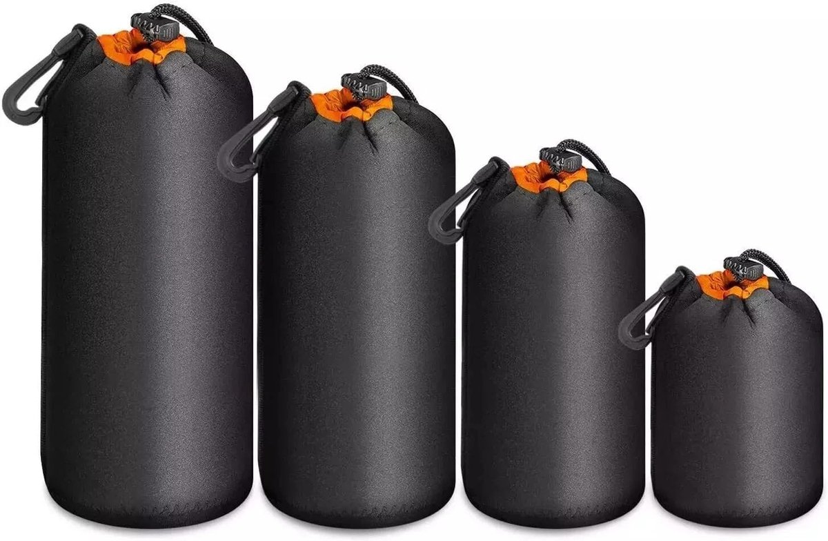 Set van 4 cameralenzentasjes - dik neopreen van 4 mm met zachte fluwelen voering - waterbestendige tassen met trekkoord met karabijnhaak en riemlus - S/M/L/XL voor DSLR en spiegelloze lenzen