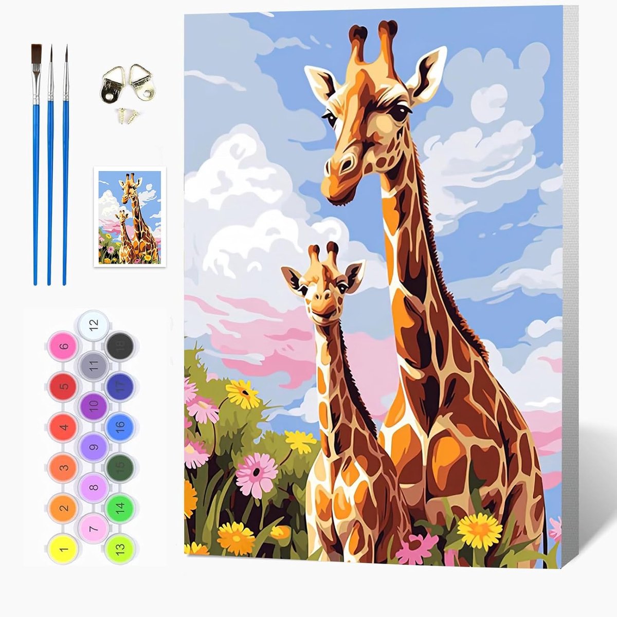 Giraffe Schilderen op nummer, voor volwassenen en kinderen, dierenverf op nummers, set met olieverfschilderij voor beginners, met houten frame, 20 x 30 cm, doe-het-zelf kunstkit met 3 penselen