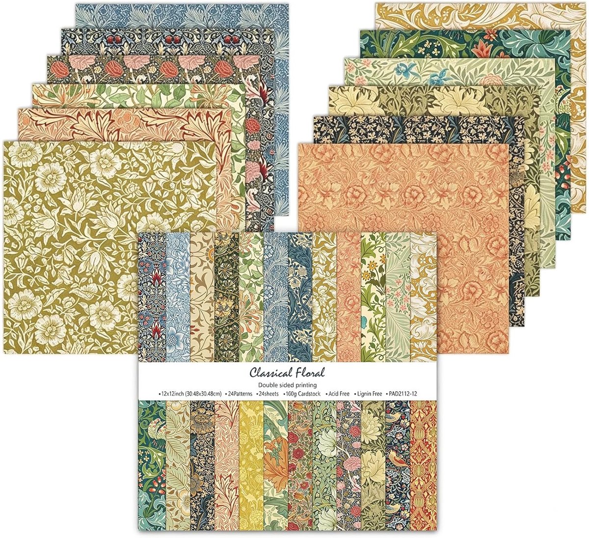 24 vellen, 30,5 x 30,5 cm, dubbelzijdig patroonpapier, elegant bloemenpatroon, decoratiepapierset, knutselpapier voor doe-het-zelf fotoalbum en scrapbook-decoratie (kleur)