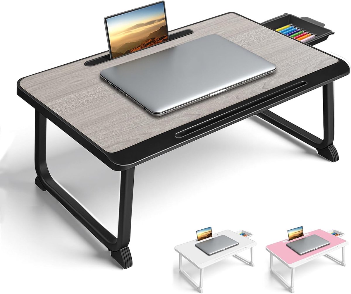 Schootbureau, Bedtafel met La, voor Laptop, Lezen, Schrijven, Eten en Films Kijken op Bed, Bank of Vloer, Kantoor en Thuis (Grey)
