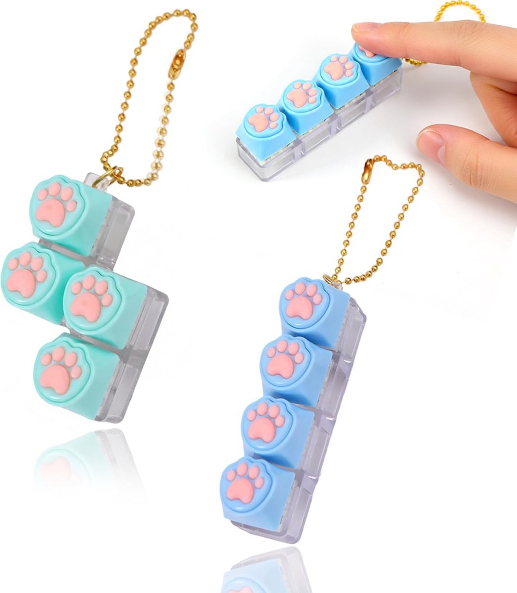 2 stuks toetsenbord fidget speelgoed, fidget toetsenbord sleutelhanger, toetsenbord keycaps voor mannen en vrouwen, kattenpoot-ontwerp voor stressvermindering