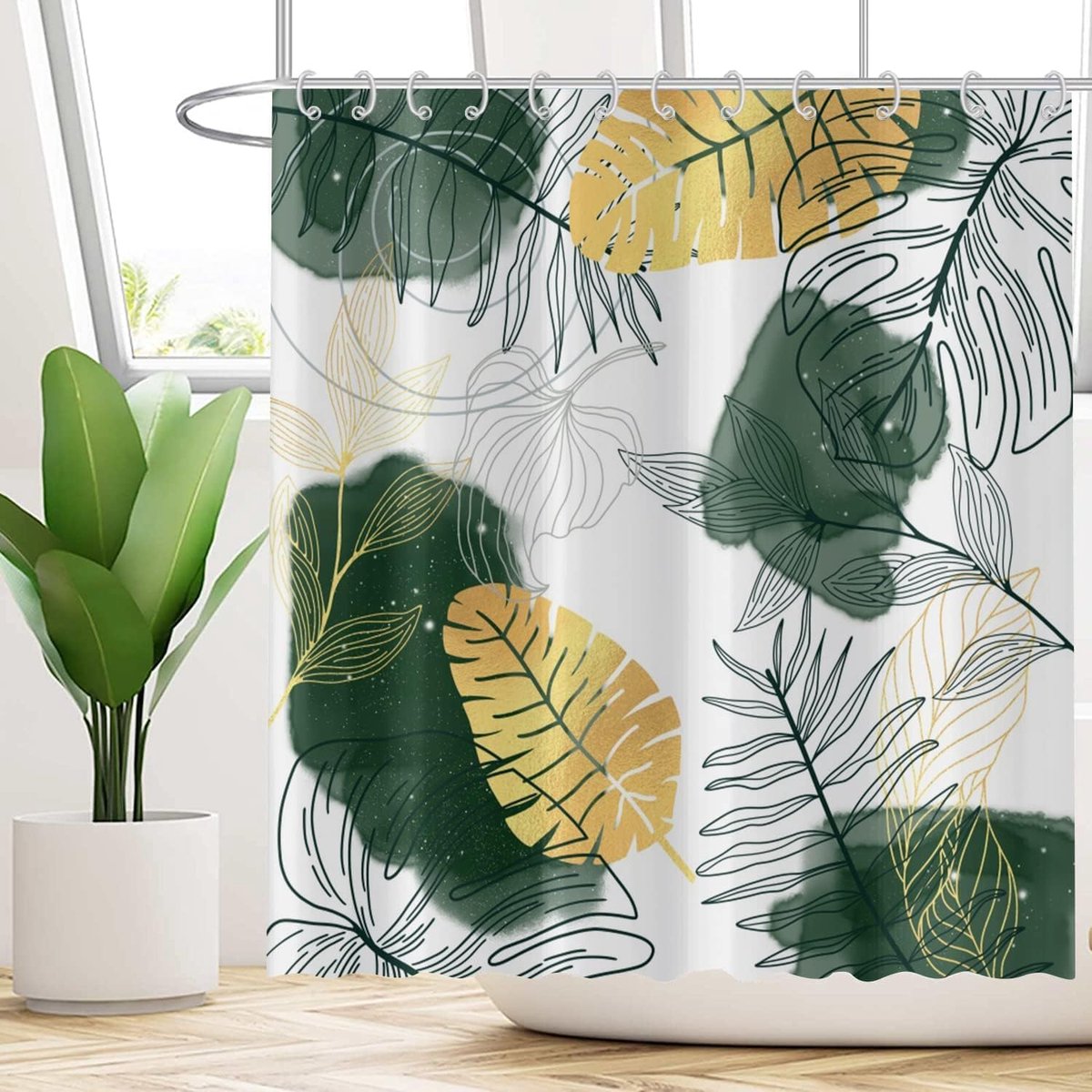 Douchegordijn, 180 x 200 cm, groen, boho, chic, abstract, esthetisch, tropisch blad met gouden botanische tak, waterdichte stof, machinewasbaar, badkamergordijn met haken