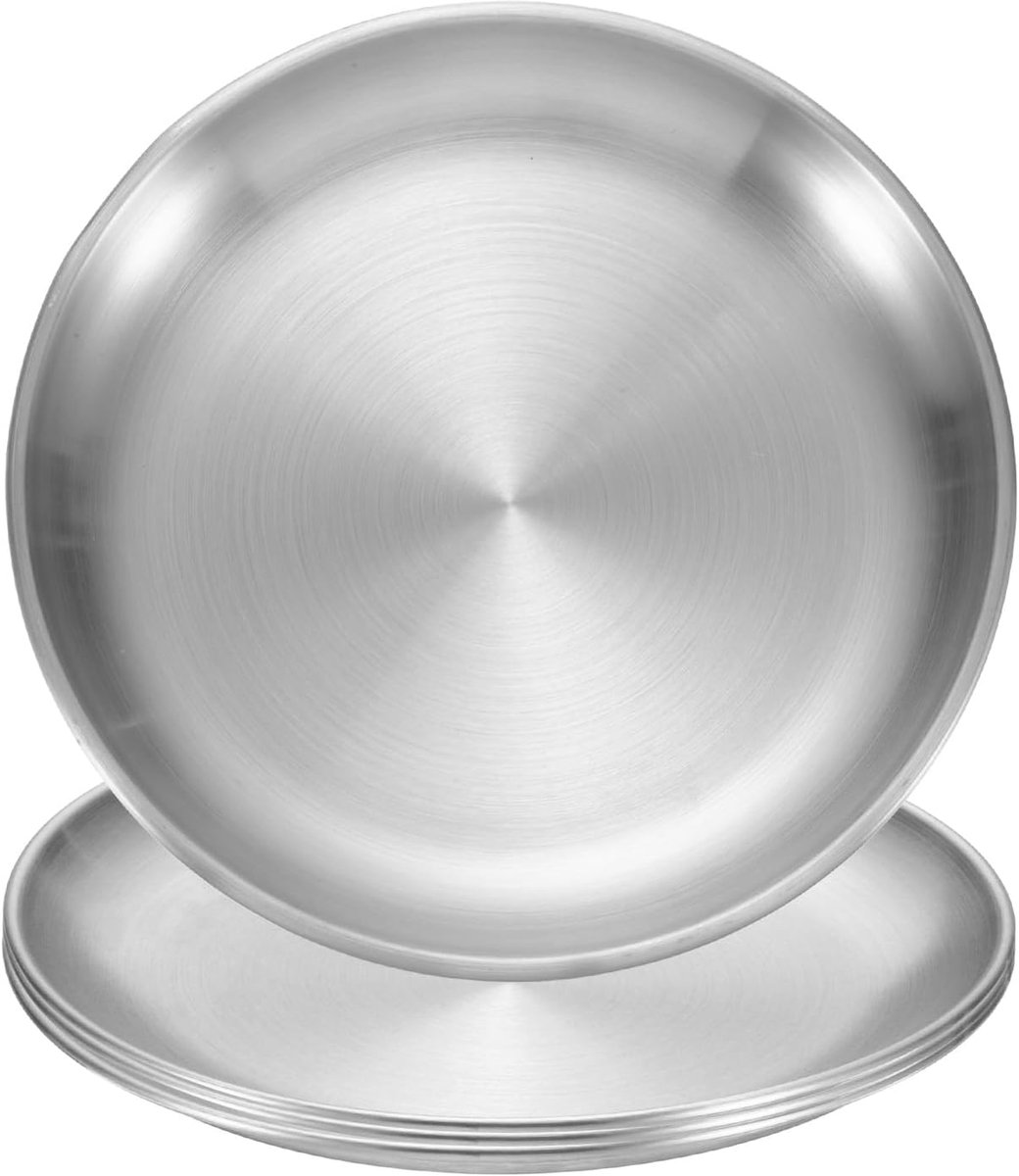 4 stuks platte borden van roestvrij staal, set met ronde borden, diameter 16,7 cm, metalen borden voor restaurants, keuken, desserts, salade, levensmiddelen, outdoor, camping, zilver