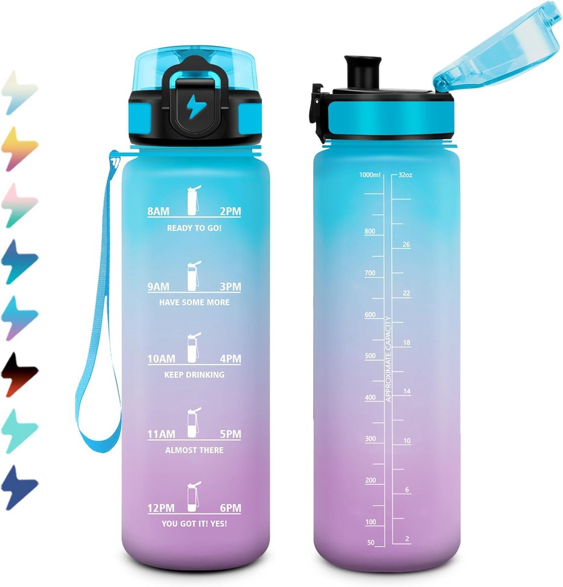 1 liter, geschikt voor koolzuurhoudende dranken, sportwaterfles met filter, opening met één hand, lekvrij, motiverende drinkfles met tijdmarkering, sportfles, perfect voor camping, fiets