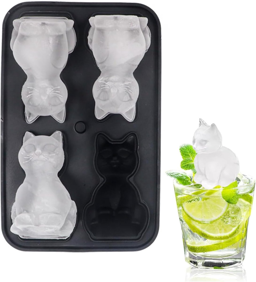 ijsblokjeshouder, kattenijsblokjesvorm, 3D-kattenvorm, schattige ijsblokjesvormen voor whisky, bourbon, 4-gaats grote leuke vormen voor ijsblokjes