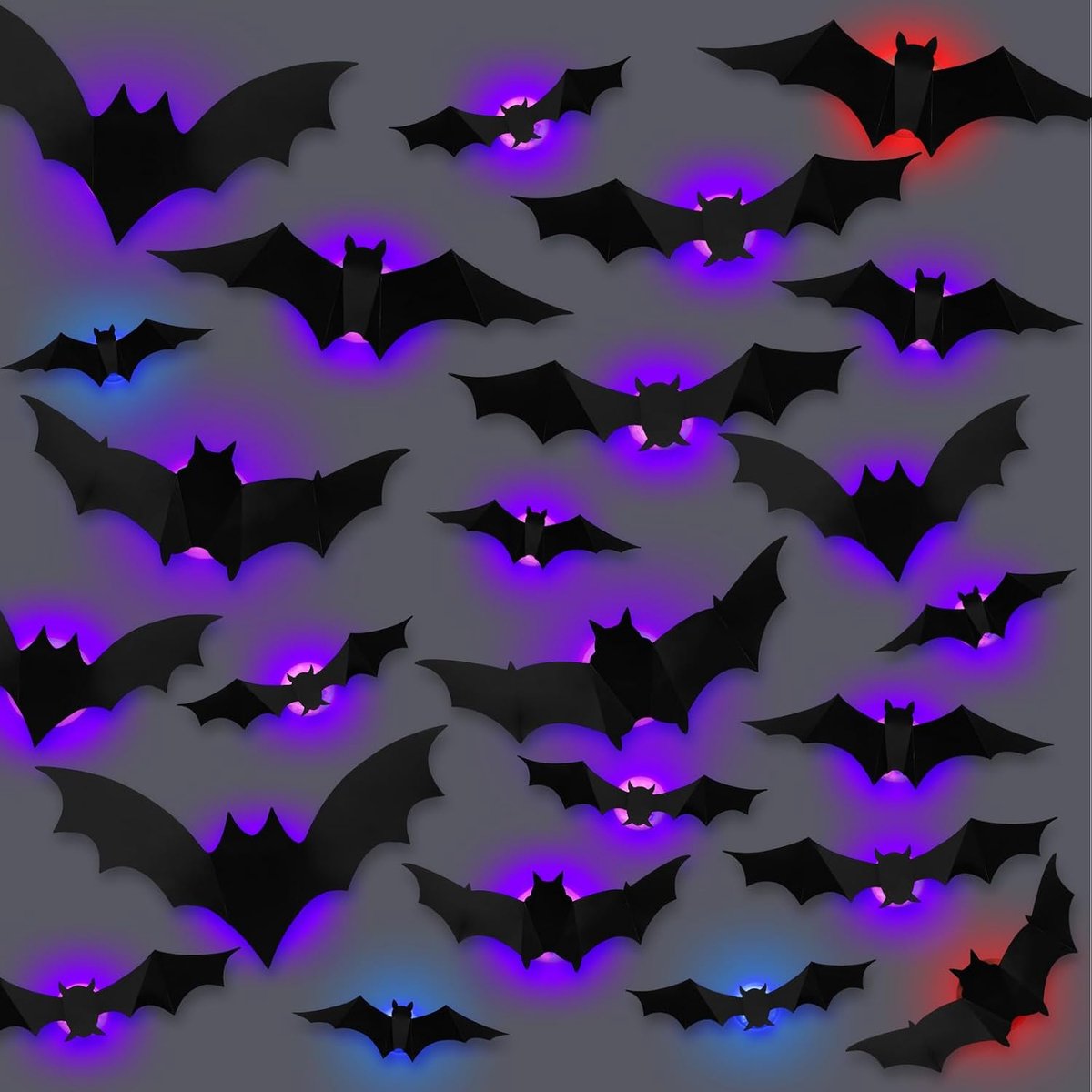 24 stuks led-vleermuisdecoratie, Halloween-decoratie, outdoor, 3D-vleermuis, decoratie met led, Halloween, party, raamdecoratie, pvc, muursticker, decoratie, binnen, buiten, huis, tuin, patio