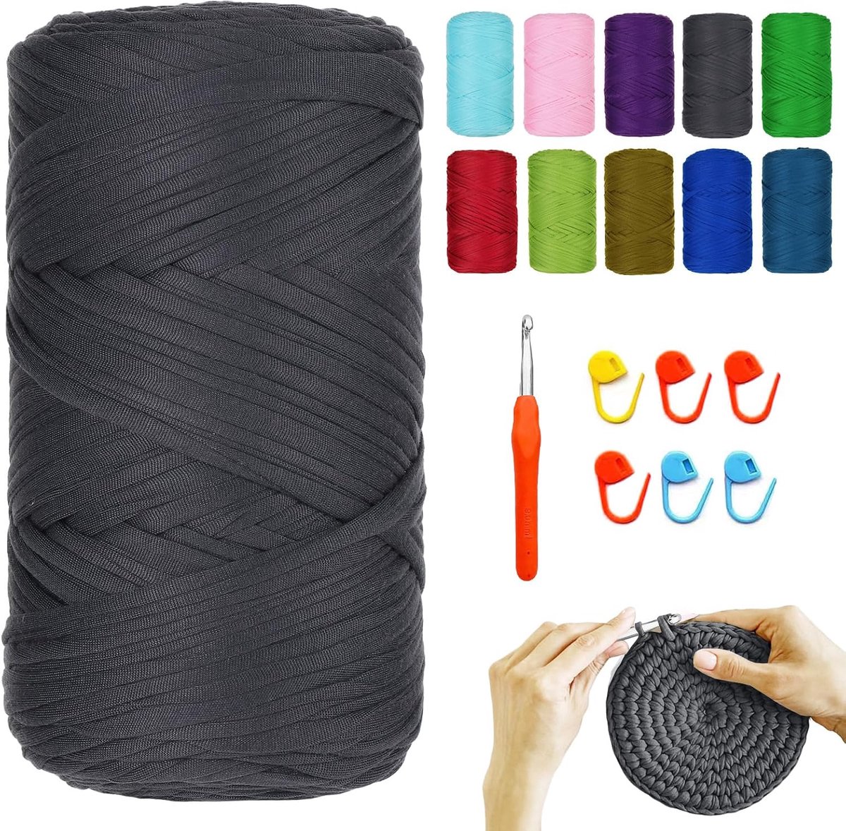 400 G/120 m, haakgaren met naalden, 9,0 mm, 6 houders, garen voor handtassen, manden, dekens, woondecoratie, donkergrijs
