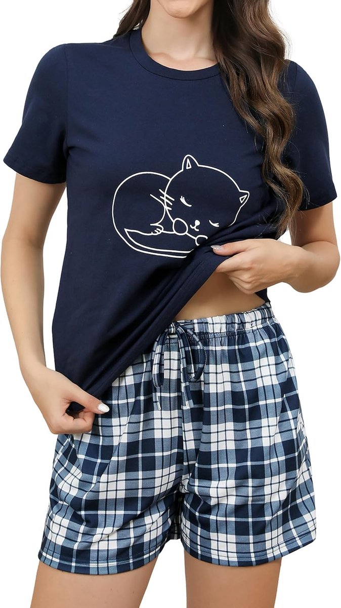 Pyjama's Dames Korte Katoenen Nachtkleding met Korte Mouwen Tweedelige Zomer Set met T-Shirt en Pyjamabroek Loungewear