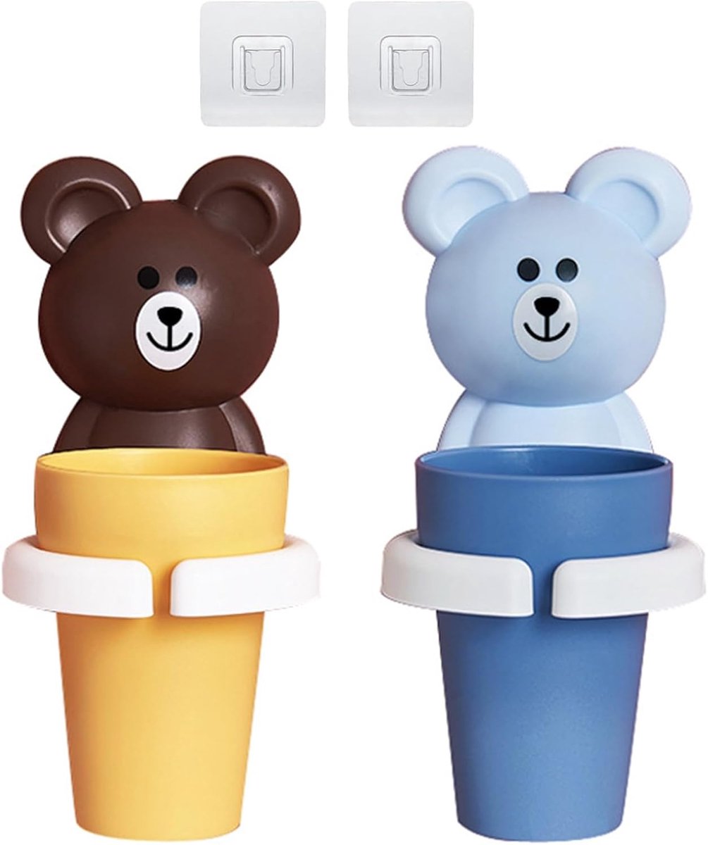 Tandenborstelbeker, kunststof, 2 stuks, tandenborstelbekerhouders, zonder boren, met tandenborstelbeker, tandenborstelhouder voor drinkbekers voor kinderen vanaf 2 jaar