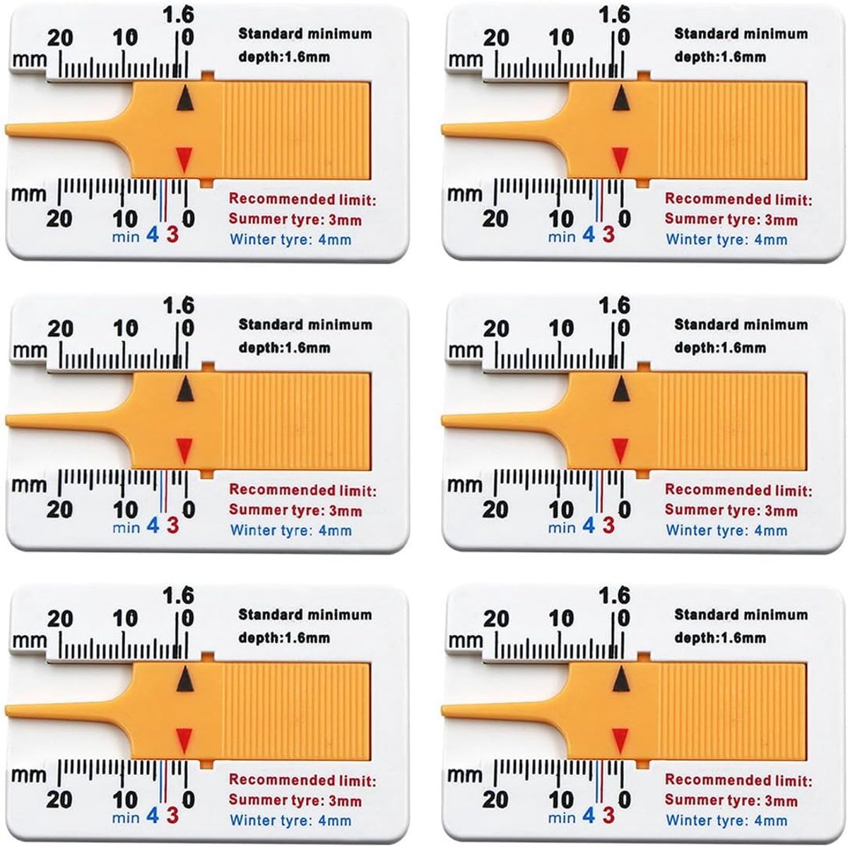 6 stuks bandenprofielmeter UK draagbare 0-20 mm dieptemeter bandenliniaal bandenprofielmeter draagbaar voor auto vrachtwagen motorfiets geel