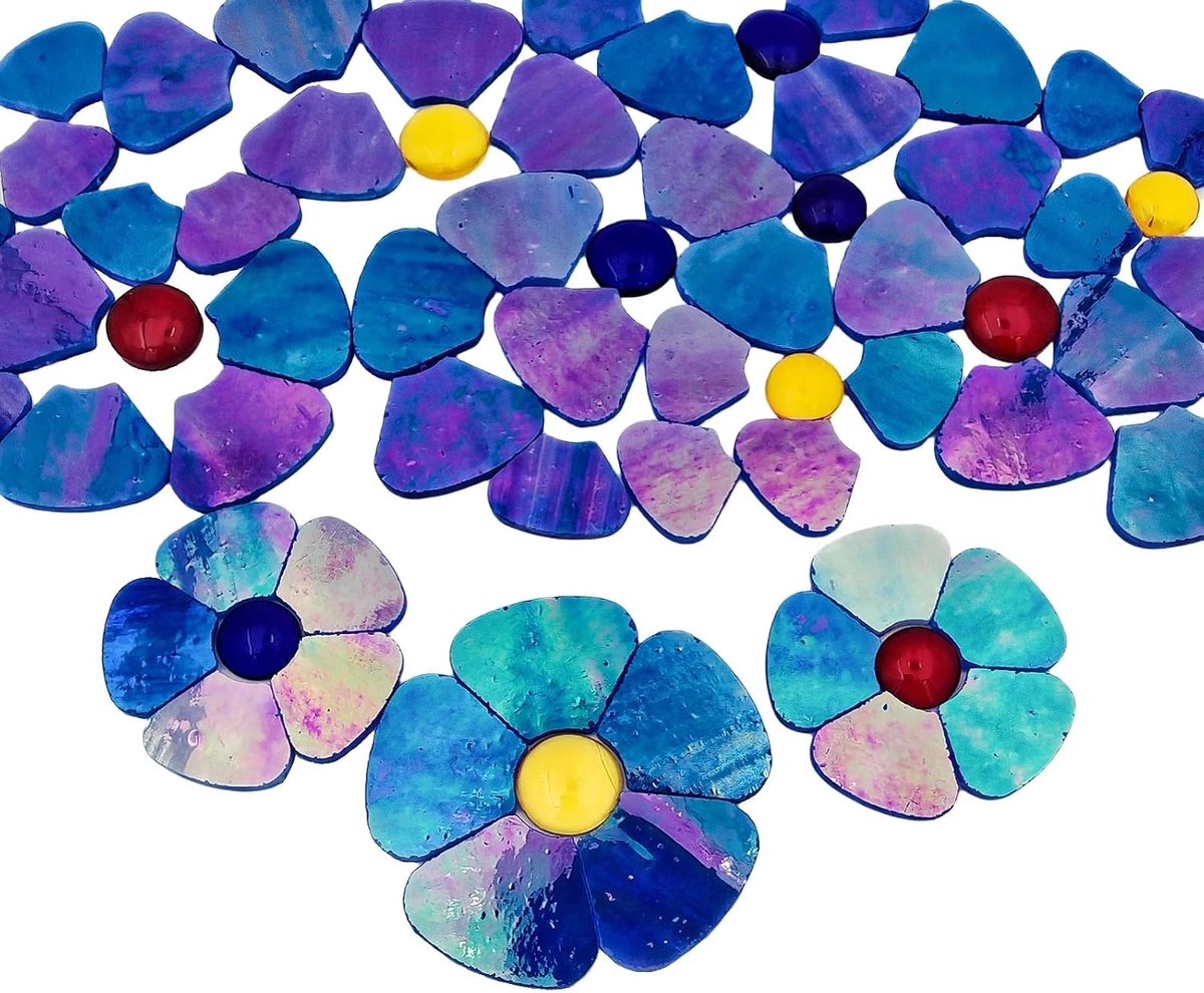bloemtegels set - 12 bloemen met bloemblaadjes en platte kralen voor doe-het-zelf, woondecoratie en tuinkunst (iriserend koninklijk blauw)
