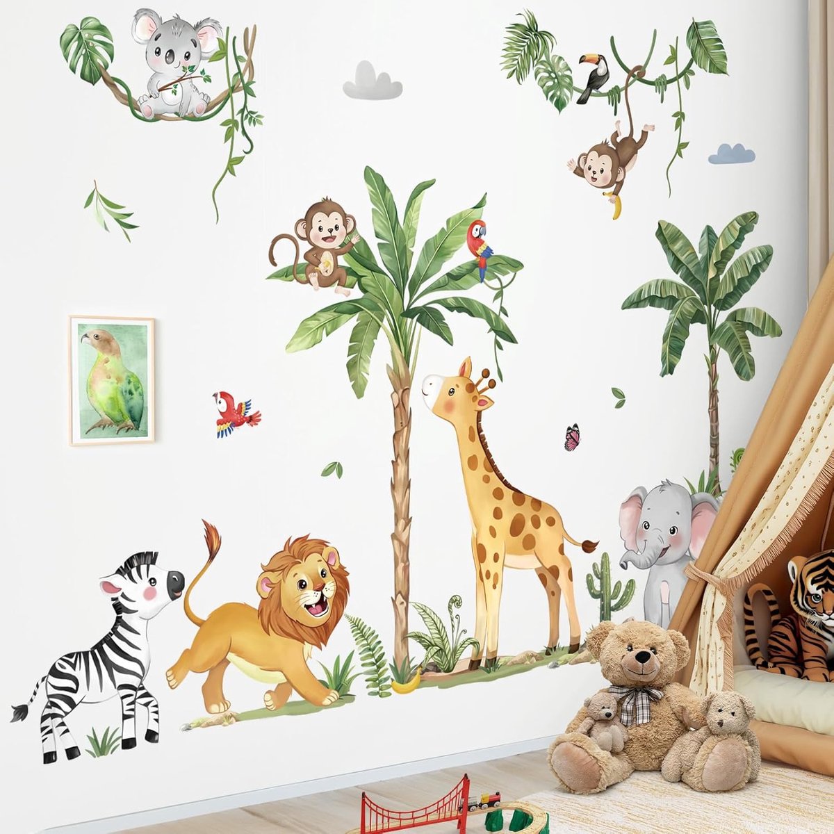 Grote Jungle Dieren Tropische Boom Muurstickers Safari Dieren Giraffe Olifant Leeuw Muurstickers Woonkamer Baby Kwekerij Kinderkamer Muur Decor (XL)