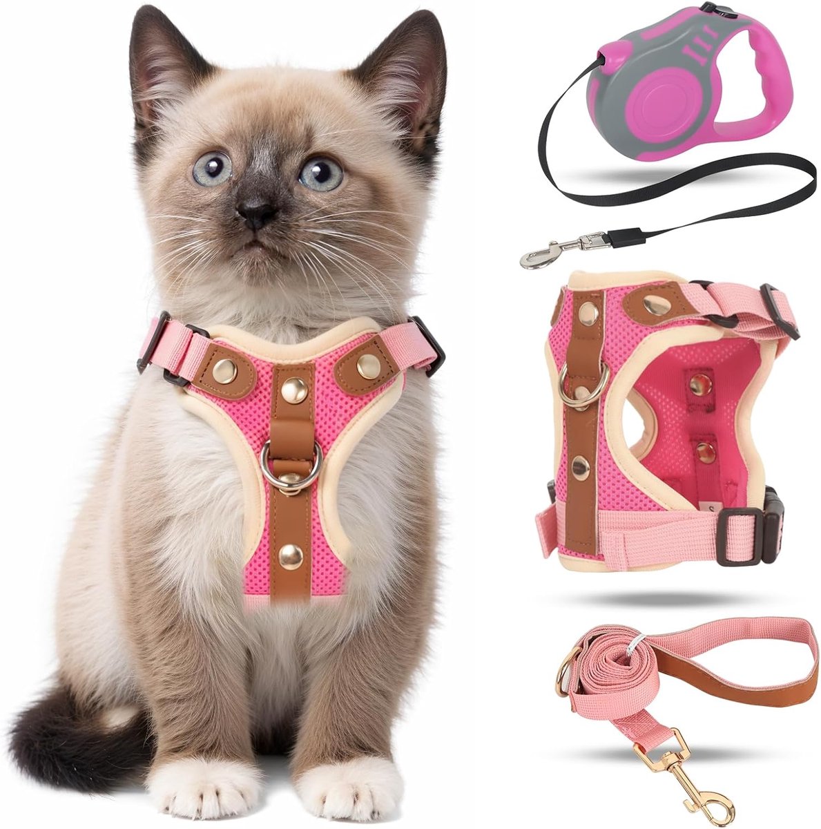 Kattenharnas met riem, anti-ontsnapping, automatisch intrekbare kattenlijn met harnas voor katten, verstelbaar kattenharnas set met kattenriem voor kitten, honden