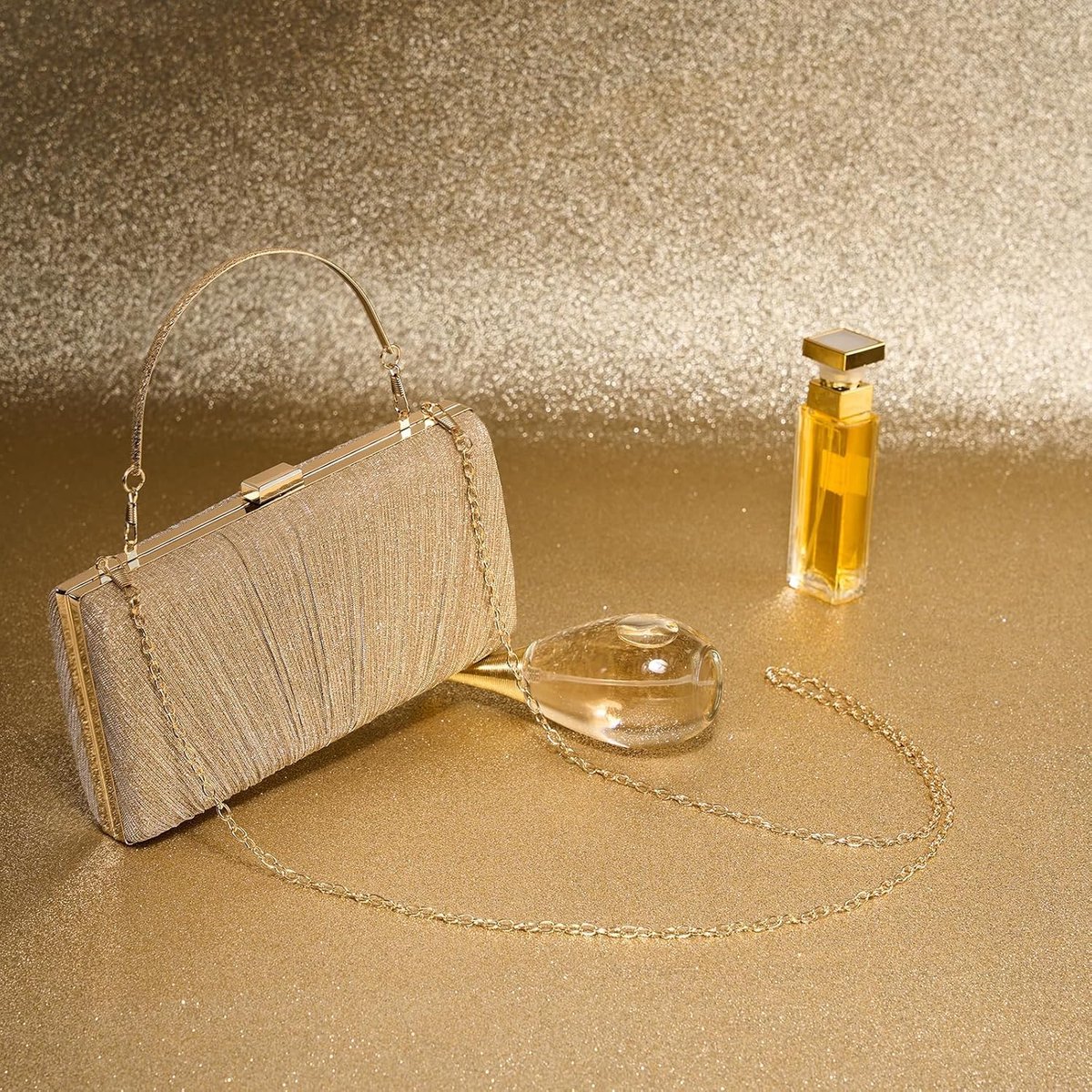 avond clutch pailletten plissé satijn handtas met afneembare gouden ketting envelop tas bruiloft cocktail gala bal diner party zwart
