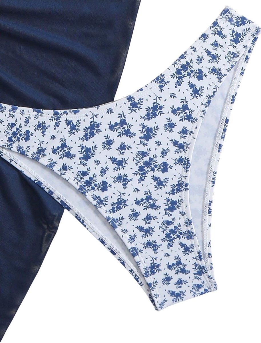 Bikiniset voor dames, 3-delige bikiniset met bloemenpatroon, nekhouder, badpak met cover-up rok, badpakset