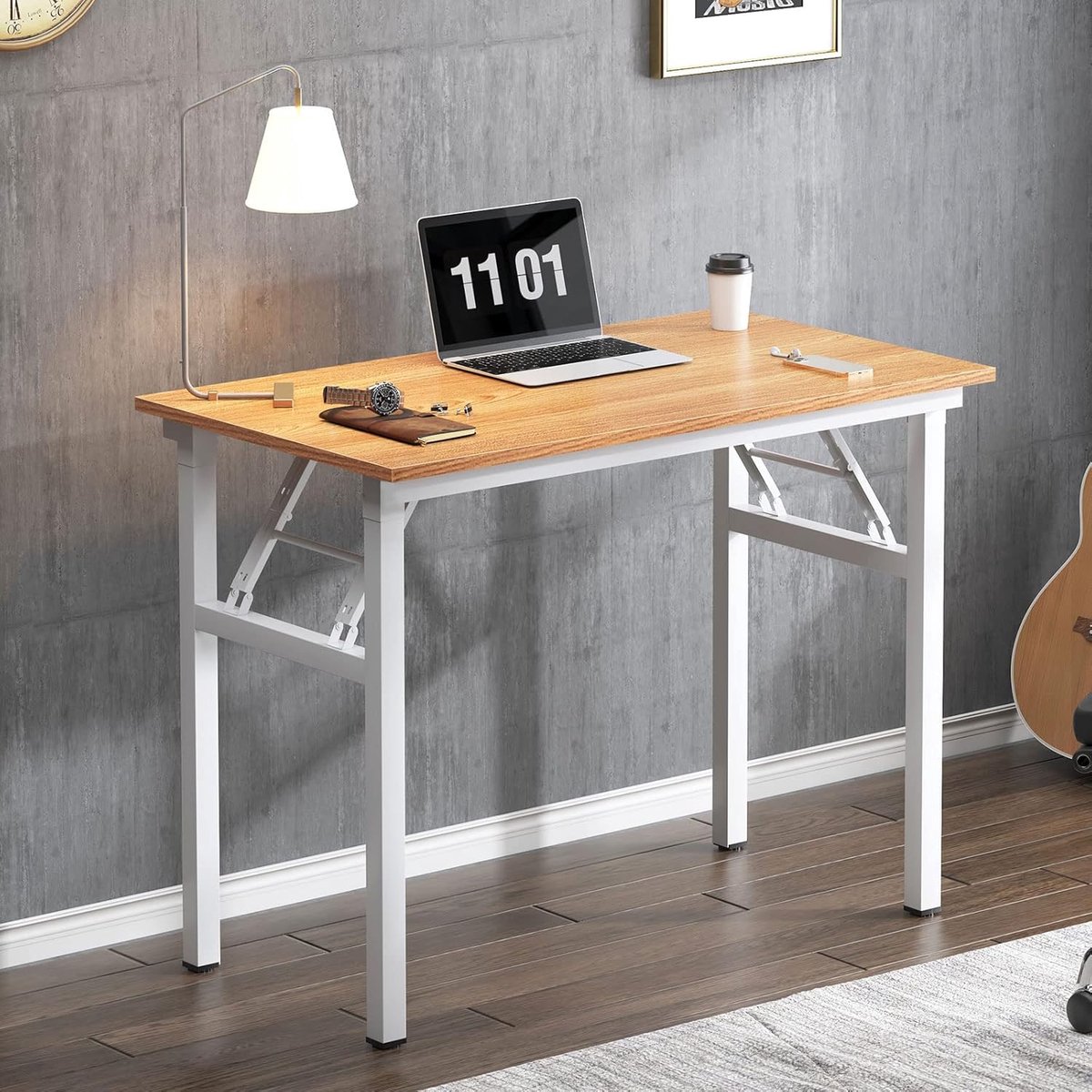 Computerbureau, opklapbaar bureau 80 x 40 cm, draagbare bureaus werkstations PC-bureau voor werk, studeren, schrijven, geen montage, teak en wit, SH-LP-AC5YW-8040