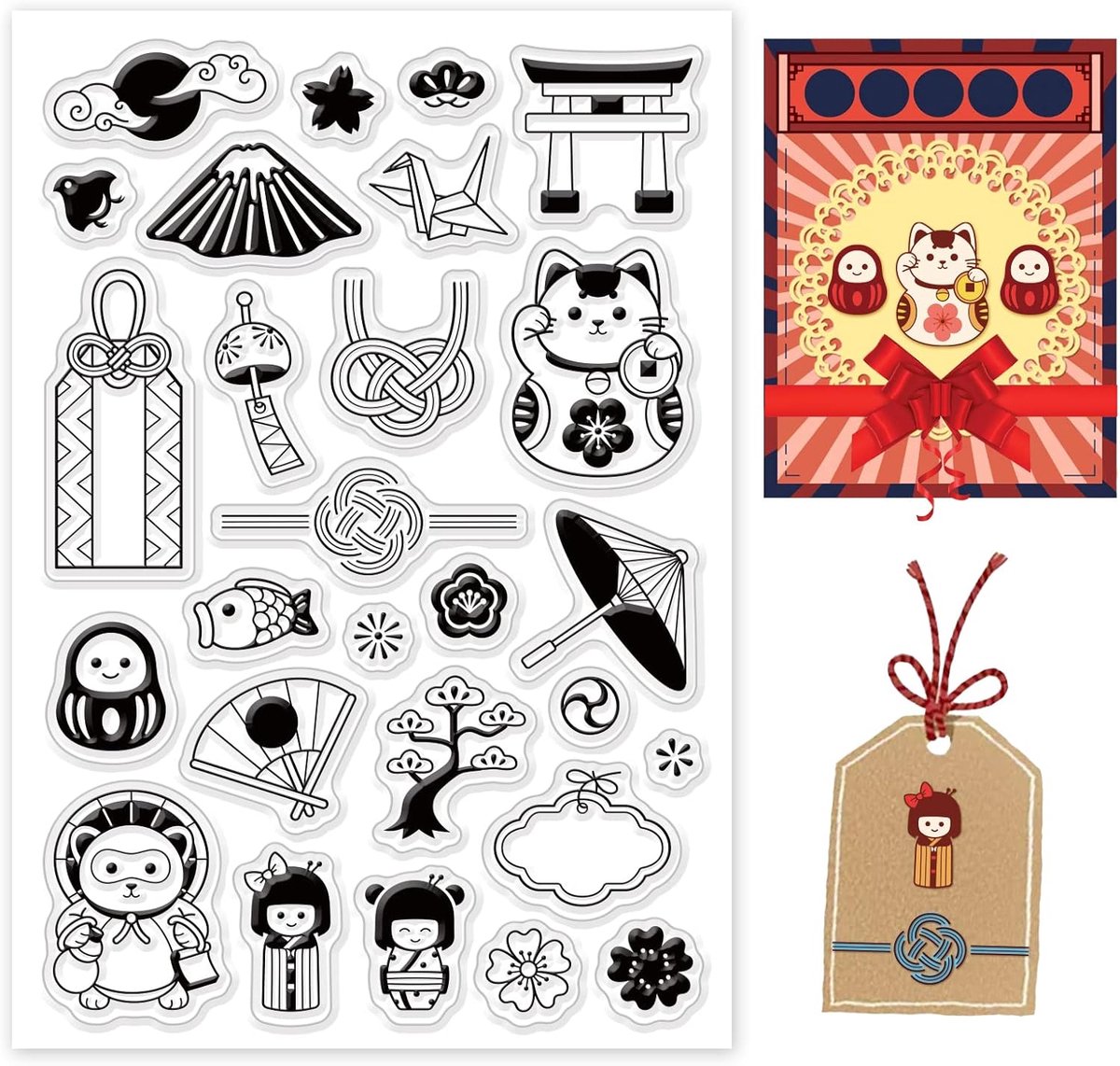 Japanse Thema Clear Stamps, Opvouwbare Fan Paraplu Lucky Cat Patroon Transparante Plastic Stempels Journal Postzegels Set voor Papier Card Fotoalbum Crafting Supplies