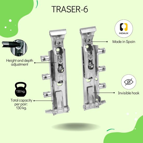 TRASER-6 Paar Verstelbare Onzichtbare Hangers voor Opgehangen Meubels - DIN 68840 Gecertificeerd - Nikkel Materiaal - 65kg Draagvermogen - Eenvoudige Installatie - Complete Montageset — afbeelding 2