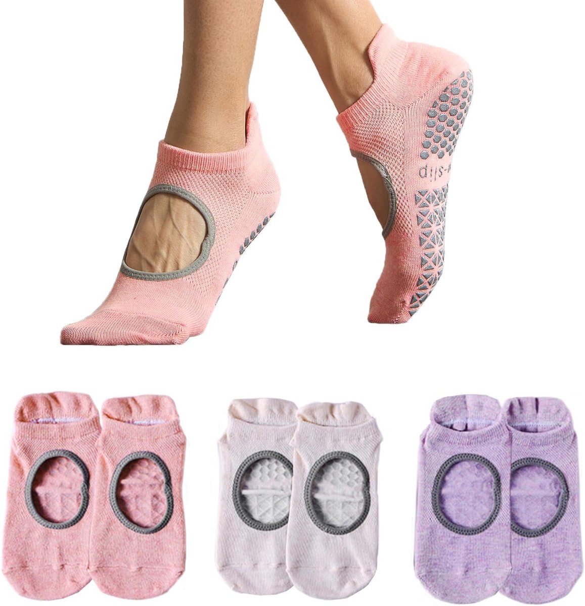 Sokken voor dames, antislip, zachte ademende katoenen atletische sokken met rubberen grip voor fitness en dansen, 3 paar, US 5-8,5/EU 35-40