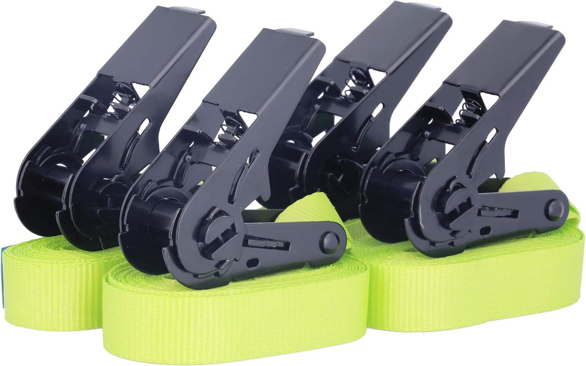 Spanbandenset met ratel – duurzame, eendelige spanriemen, ratelriemen, lengte 4 meter (4 m), breedte 25 mm, kleur neongeel, TÜV-gecertificeerd, belastbaar tot 900 kg, volgens DIN EN