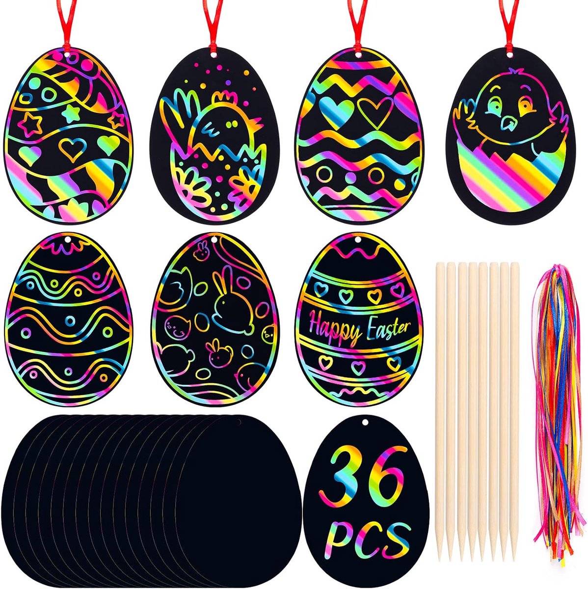 36 stuks paaseieren kraspapier voor kinderen, kraspapier paaseieren knutselset voor Pasen hanger decoratie DIY handwerk