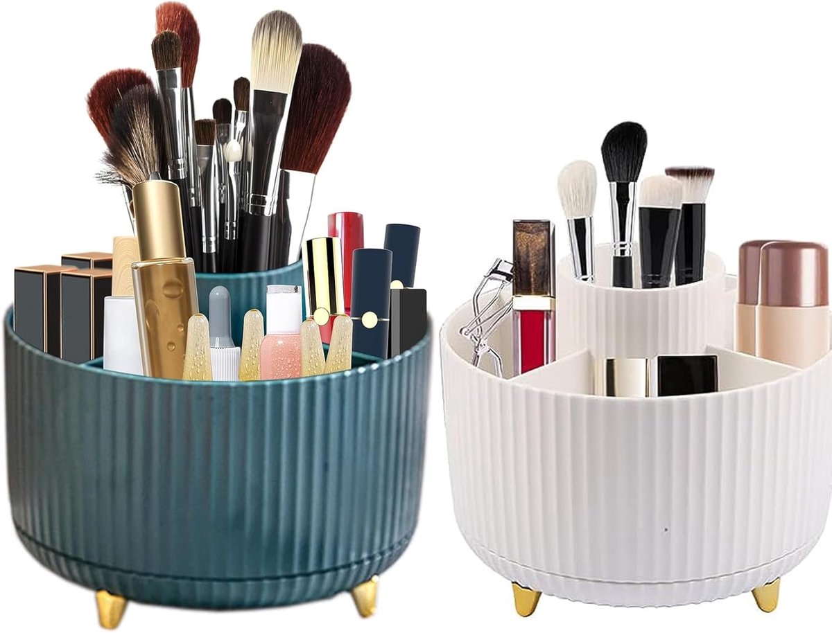 360 graden draaibare cosmetica-organizer, 2 stuks make-up-organizer, oogschaduwkwast, lippenstift, cosmetica-organizer voor kamerdecoratie, kaptafel, slaapkamer, badkamer (groen + wit)