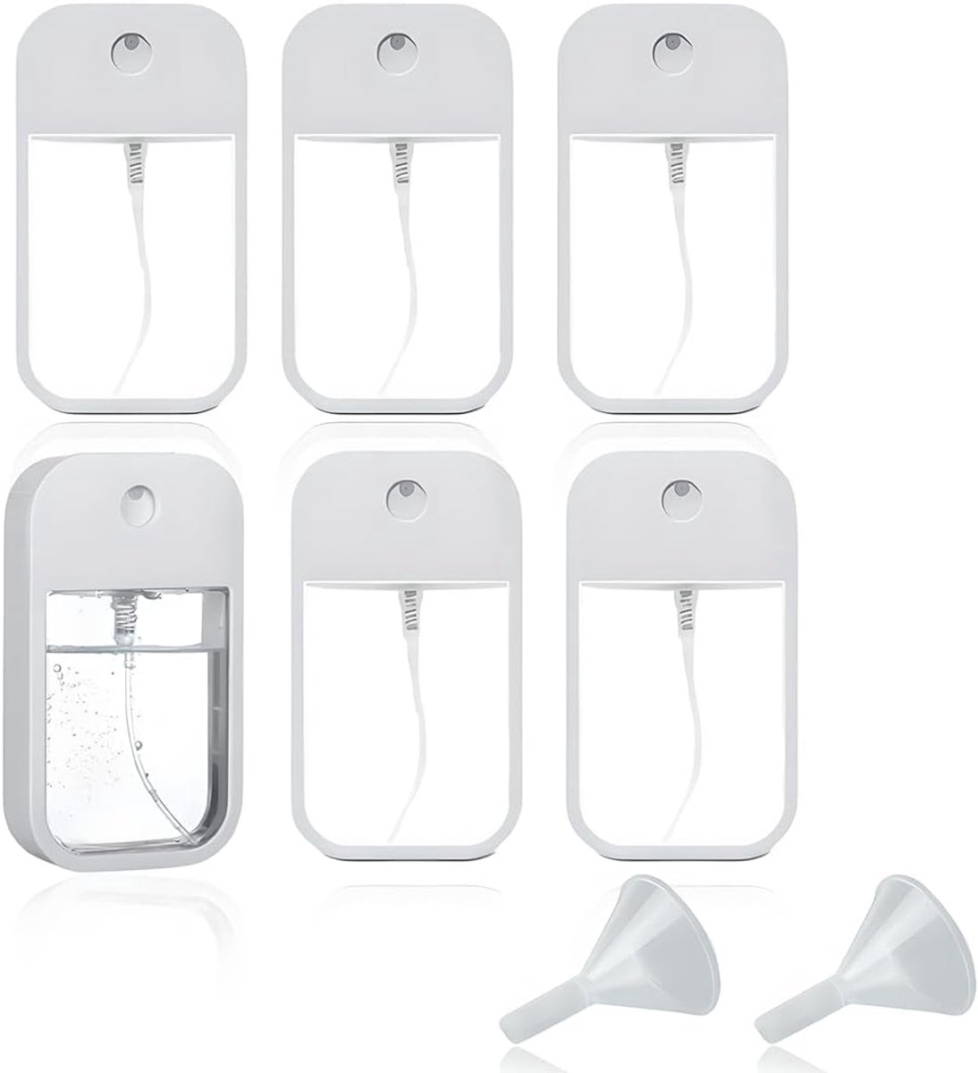 Set van 6 spuitflessen van 45 ml, kleine herbruikbare mini-spuitfles met fijne nevel, wordt geleverd met 2 mini-trechters, voor parfum, lichaamsverzorgingsvloeistof, cosmetica