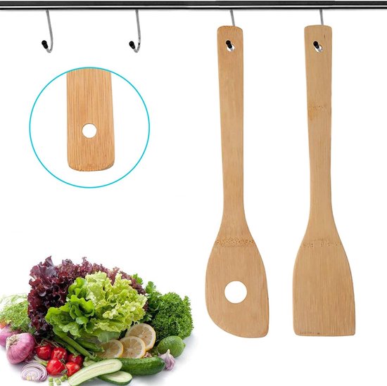 Set van 8 keukengerei van bamboe, houten lepels en spatels, anti-aanbaklaag en wok, spatel, schep, hittebestendige keukengerei, gereedschap, lepel, spatel — afbeelding 3
