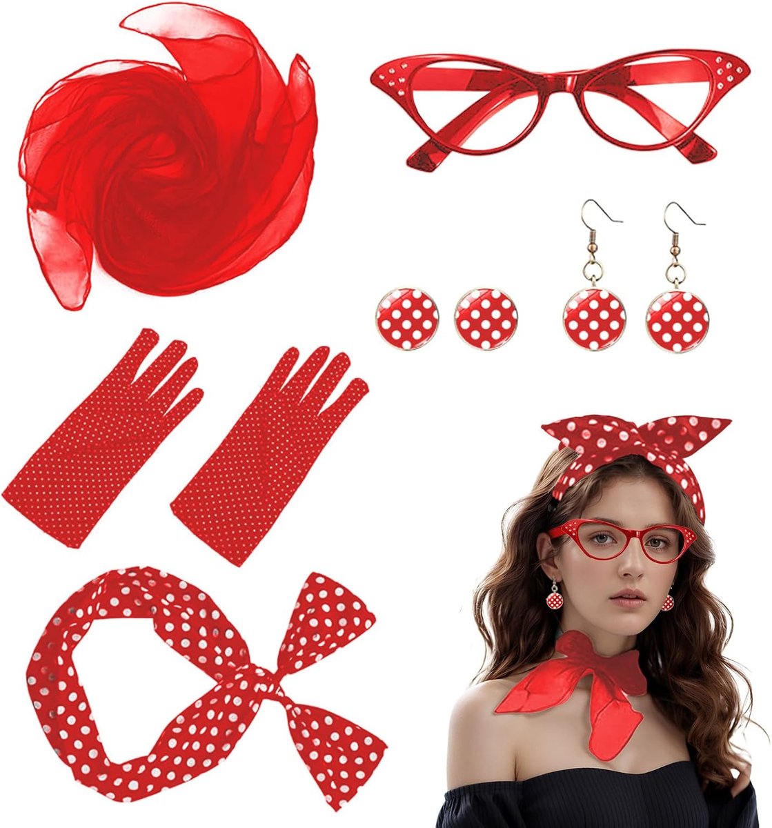 6-delige set jaren '50 outfit dames rockabilly accessoires dames klassiek vintage rockabilly dames jaren 60 outfit dames rockabilly accessoires voor carnaval, cosplay, party, maskerade