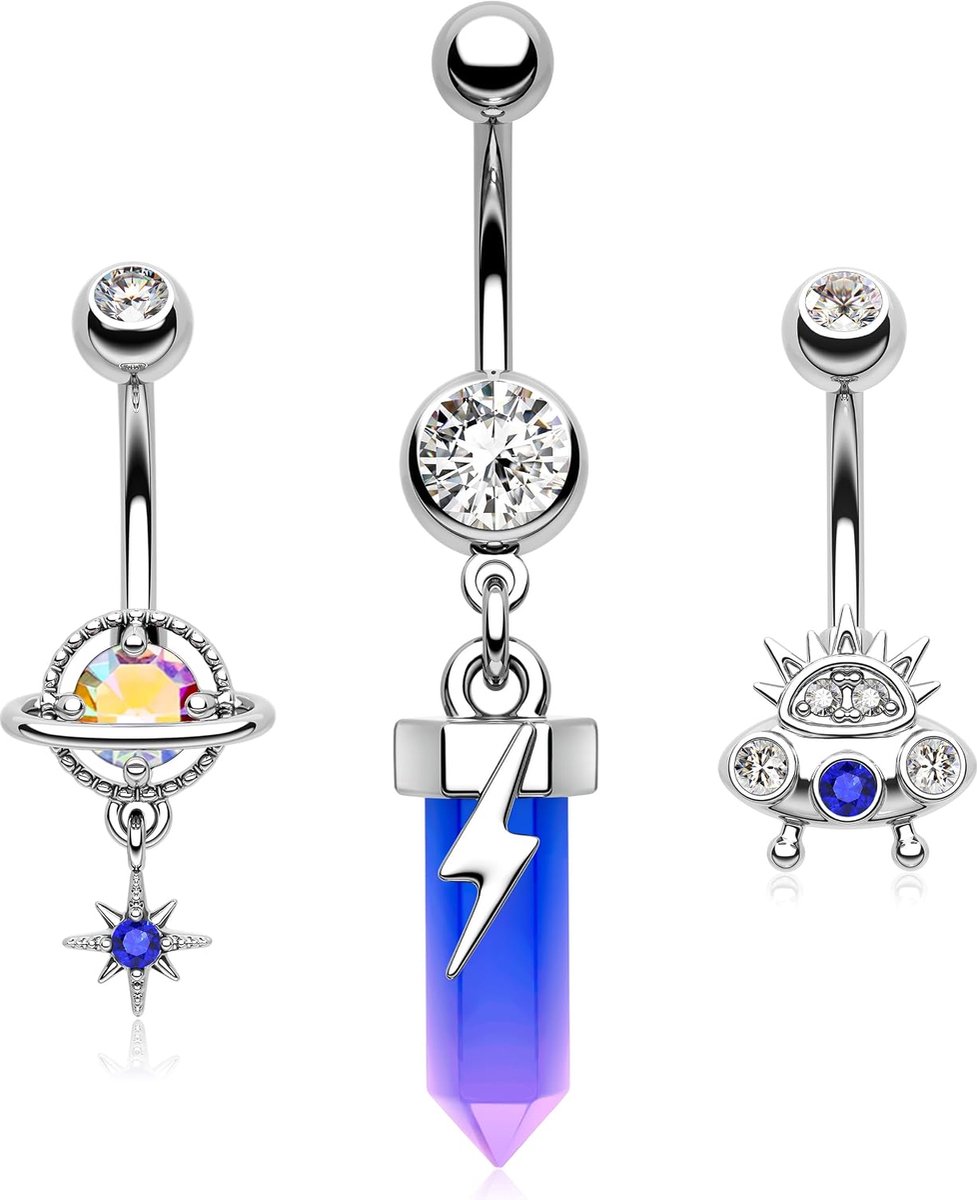 14 g Navelpiercings, set voor ruimteschip, navelstaafjes, chirurgisch staal, navelpiercings, sieraden, bengelende buikringen met regenboog, edelsteen, buikspiercings, navelpiercing, sieraden