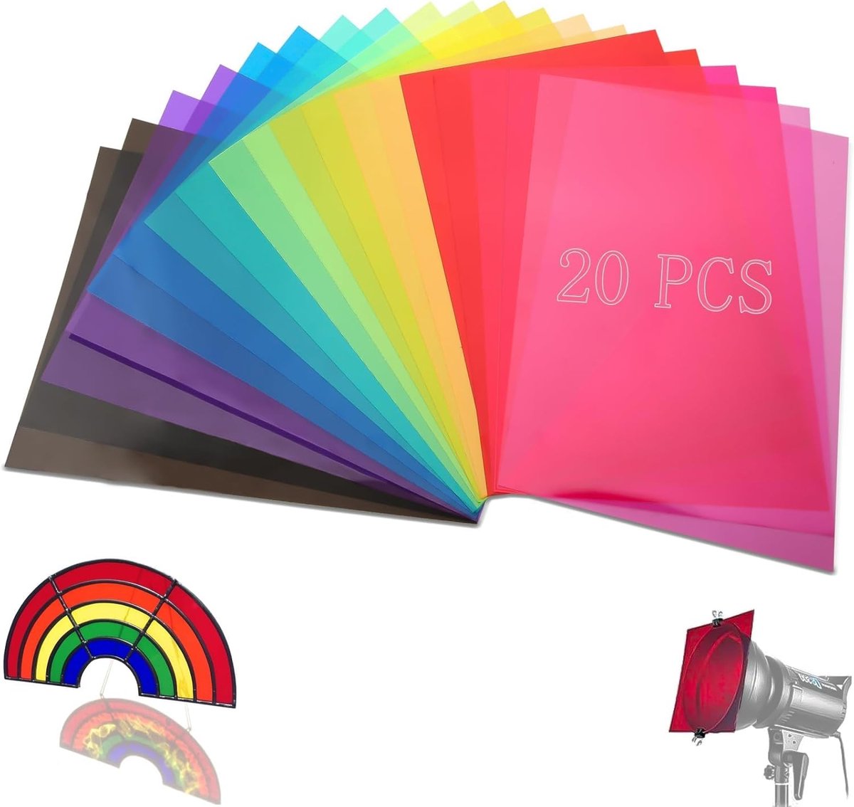 Set van 20 hittebestendige kleurfolies voor lampen - 10 kleuren - 29,7 x 21 cm - Kleurfilter - A4 - Transparante kleurcorrectie - Voor fotolamp, koplamp, grafiek
