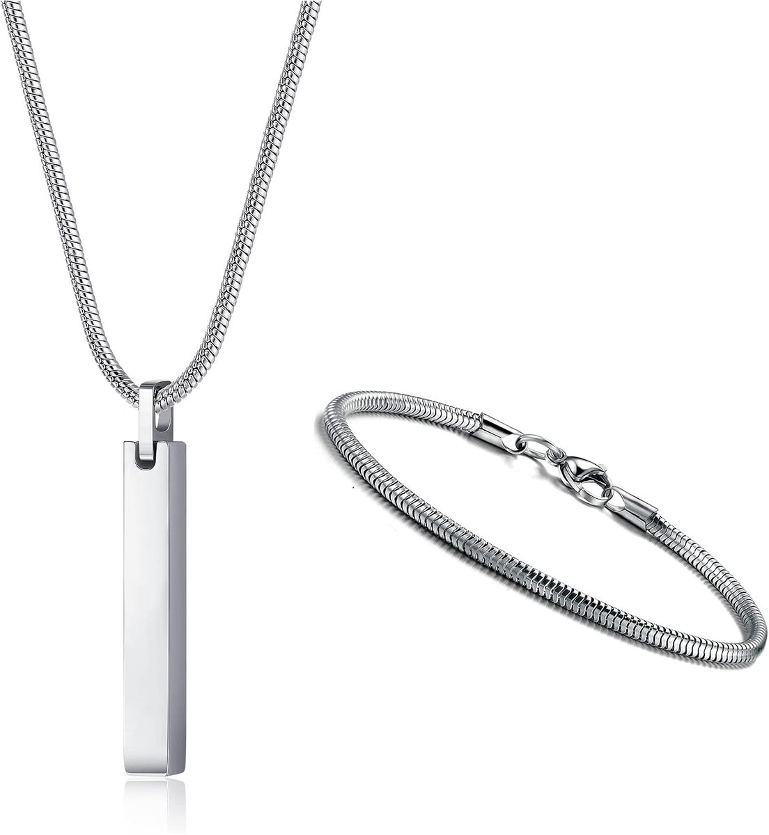 Heren Bar Hanger Ketting Roestvrij Staal Armbanden voor Mannen Vrouwen 3mm Snake Chain Ketting en Snake Chain Armband Set Lengte 55cm Zilver/Zwart