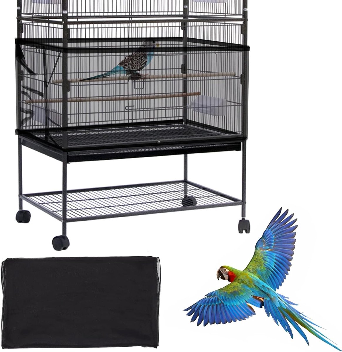 Grote vogelkooi, vogelkooi, zadenvanger, verstelbare zachte luchtige nylon netwerk, vogelkooi cover rok zaadbeschermer voor papegaai parkiet ara Afrikaanse ronde vierkante kooien (zwart)