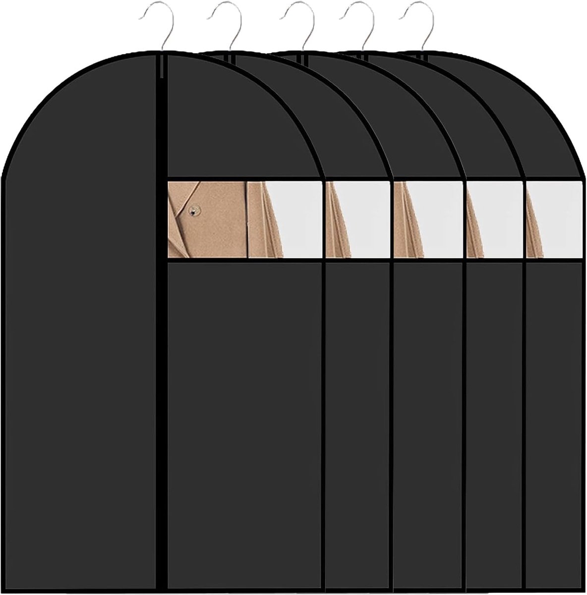 5 stuks kledingzakken, kledingzakken voor het opbergen, 60 x 120 cm, ademende stof, kledingzak, pak met helder venster, zwarte ritssluiting, kledingzakken, voor jurken, mantels, overhemden