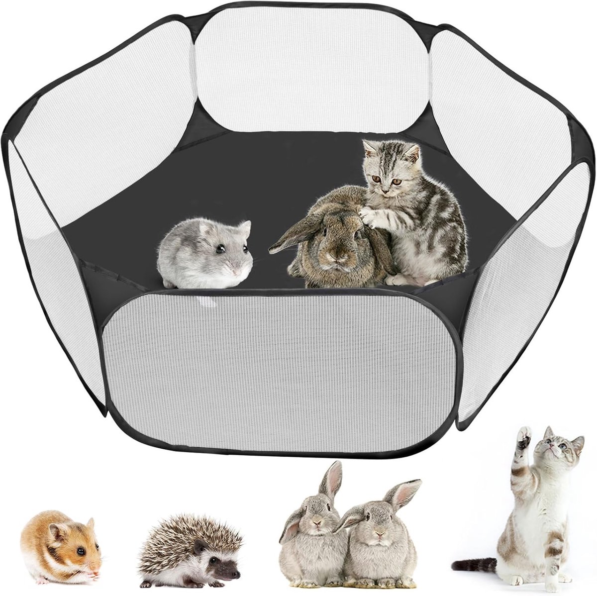 Kleine Dieren Huisdier Speelren, Pop-up Hamster Speelren | Opvouwbare Open Kooi Tent Oefenhek voor Cavia's, Konijnen, Chinchilla's, Egels (Zwart)