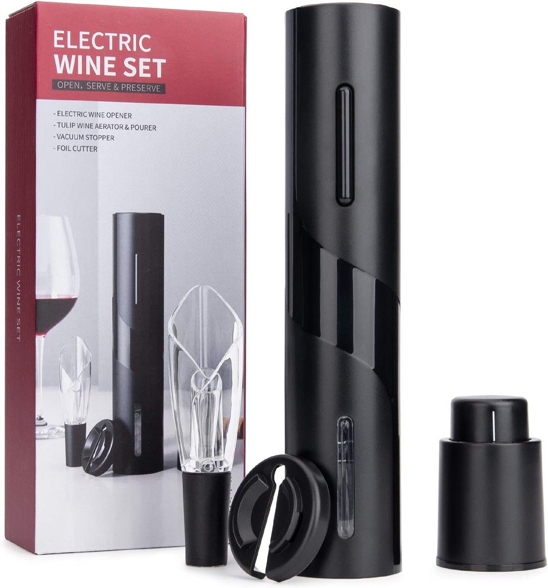 mafiti Elektrische wijnflesopener-kit, elektrische kurkentrekker, automatische flesopener, draadloze wijnopener, wijnflesopener set bevat foliesnijder, wijnschenker en vacuüm wijnsluiting