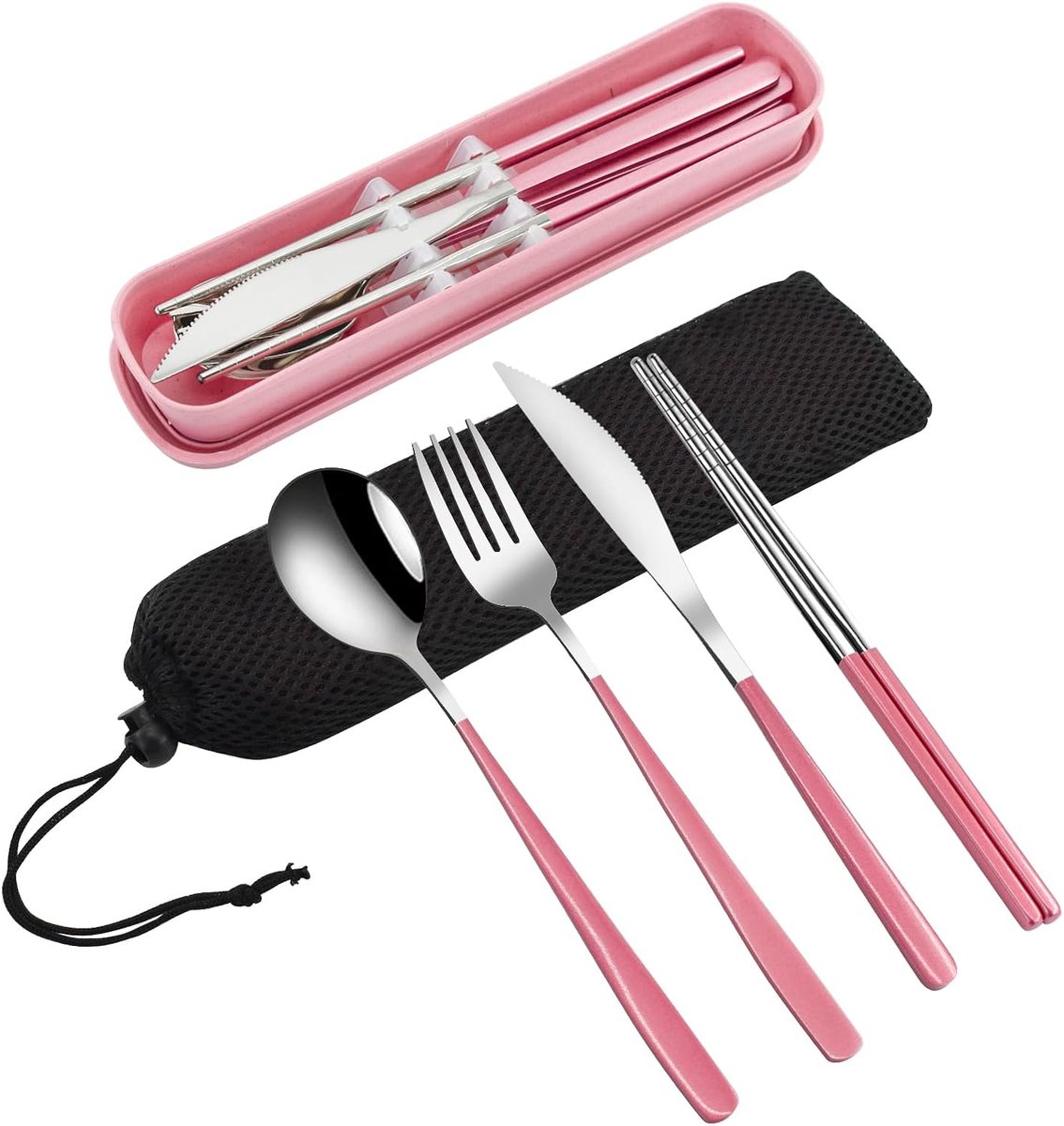 4-delig draagbaar reisbestek met opbergkoffer, roestvrij staal herbruikbaar bestekset met vork, lepel, mes, eetstokjes voor reizen, school, werk, picknick (Roze)