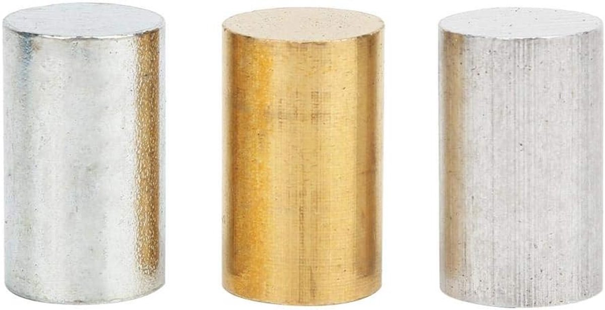 3-delige cilinders van dezelfde lengte, messing, ijzer, aluminium voor gebruik bij activiteiten met dichtheid en soortelijk gewicht