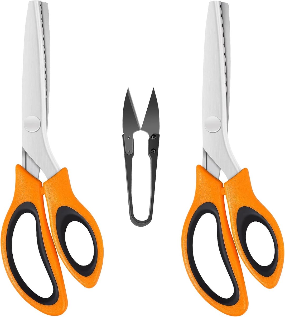 Zigzagschaar (2 stuks, gekartelde en golvende randen) met draadsnijder, zigzagschaar met comfortabele grip, voor het snijden van stof, oranje-zwart