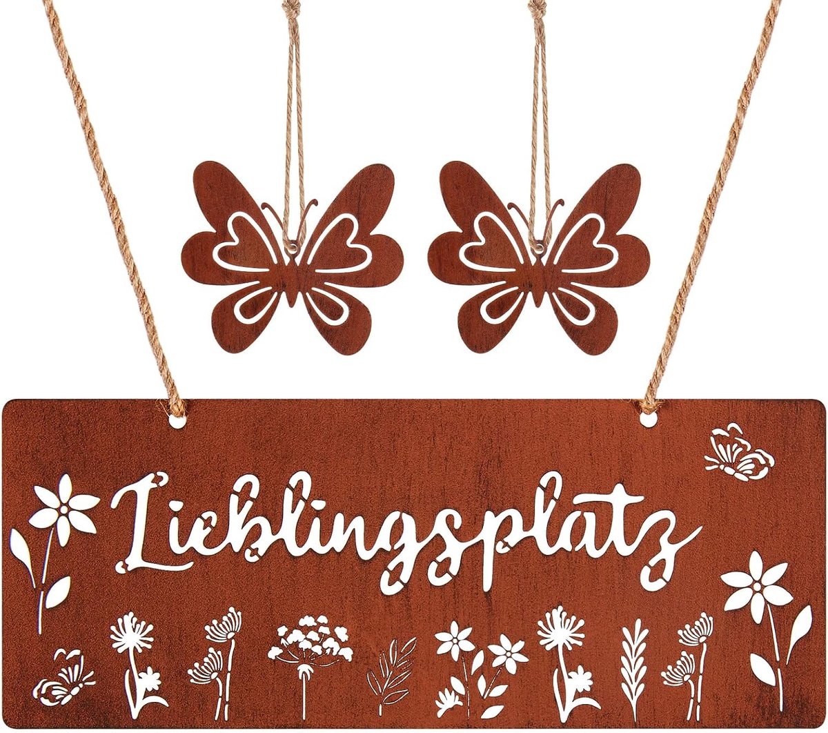 metalen lievelingsplaatbord om op te hangen, 25 x 10 cm, decoratief deurbord, rustiek roest, wandschild, roestig tuinbord, tuindecoratie met 2 roestlook, vlinders, decoratie voor de zomer