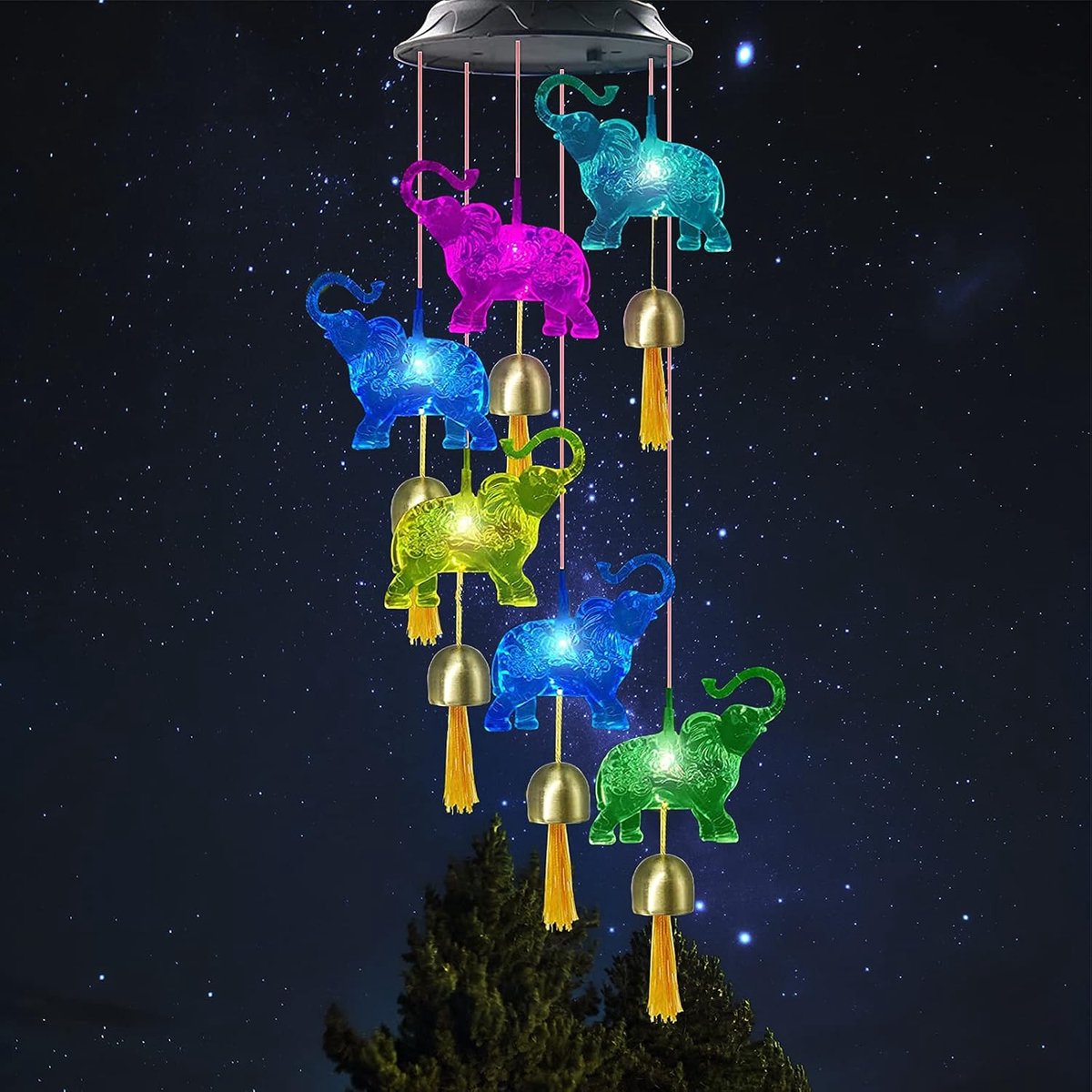 kat windgong van kleur, veranderende waterdichte zonne-aangedreven windgong LED hanglamp tuin windgong buitendecoratie voor terras, tuin (olifant)